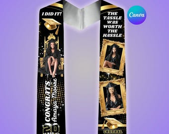 Gold Black Graduation Stole Template, Tassle Worth The Hassle Grad Stole, Editable Canva Design, Senior, Class Of 2026, Digital Download