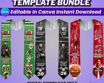 Sports Graduation Stole Canva Template Bundle, Editable Grad Stoles, Class of 2026, Red Senior Grad Sash, Green Grad Stole, Black Grad Stole