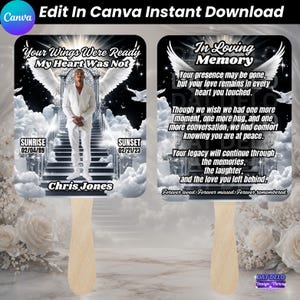 Black Memorial Fan Template, Editable Canva Funeral Fan, Celebration of Life Fan, Memorial Program Fan, Angel Wings Tribute,Digital Download