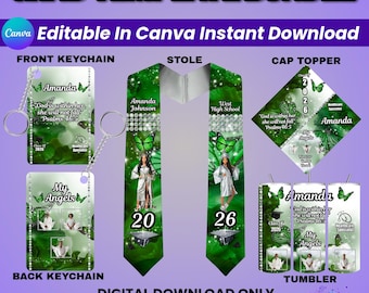 Green Graduation Template Bundle, Stole, Cap, Tumbler, Keychain, College Grad Sash, High School Stole,Editable Canva Design, Class Of 2026