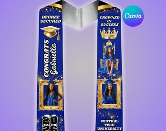 Blue Gold Graduation Stole Template, College Grad Sash, High School Stole, Editable Canva Design, Class Of 2026, Senior, Digital Download