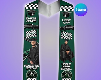 Green Graduation Stole Template, Last Lap, Racing Grad Stole, Editable Canva Design, Senior, Class Of 2026, Car Stole,  Digital Download