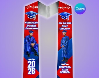 Red Blue Graduation Stole Template, College Grad Sash, High School Stole, Editable Canva Design, Class Of 2026, Senior, Digital Download