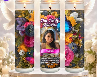 Mall för Dia De Los Muertos minnesljus, spansk böneljus Canva-mall, redigerbar etikett för minnesljus, digital hyllning till livet