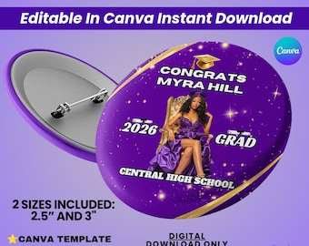 Purple Graduation Button Template Canva, Editable Grad Button Pin Design Class of 2026 Circle Template, Senior Photo Button,Digital Download