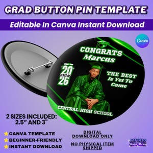Plantilla de botón de graduación verde en Canva, diseño de pin de botón de graduación editable para la clase de 2026, plantilla circular, botón con foto de último año, descarga digital.