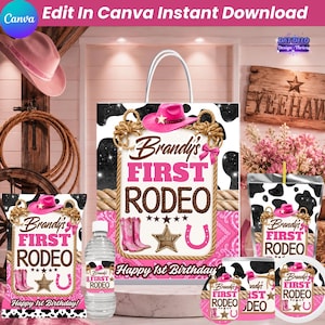 Rodeo Birthday Party Favor Bundle Template, First Rodeo Canva Template, Editable Party Set, Printable Design, 6 Pre-Sized Templates, Digital