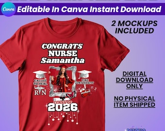 Nurse Graduation Shirt Design, RN BSN Grad Shirt Design, Editable Canva Template, Class Of 2026, Nursing Degree, Shirt Mockup, DTF Shirt
