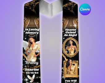Black Gold Memorial Stole Template, Rest In Heaven Funeral Tribute Sash, Editable Canva Design, Angel Wings Heaven Stairs, Digital Download