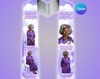 Purple Memorial Stole Template, Rest In Heaven Funeral Tribute Sash, Editable Canva Design Template, Angel Wings Sky Cloud,Digital Download
