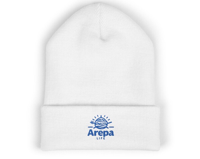 Arepa Life Embroidery Beanie: Cozy White Classic Cuffed Beanie for Winter, Gift Idea, Casual Vibes, Stylish Accessory