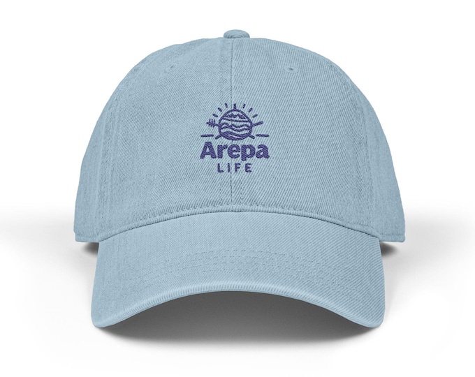 Arepa Life Embroidered Denim Hat, Casual Cap for Outdoor Adventures, Summer Festival Accessory, Beachwear Essential
