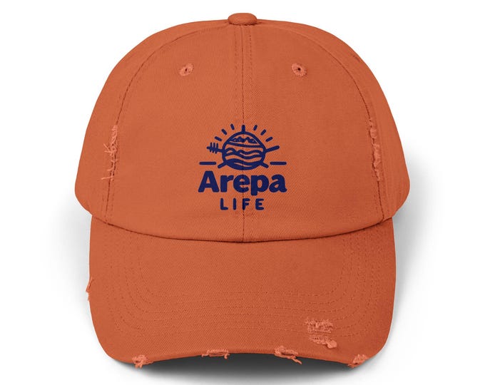 Arepa Life embroidered cap | distressed dad hat, orange navy logo