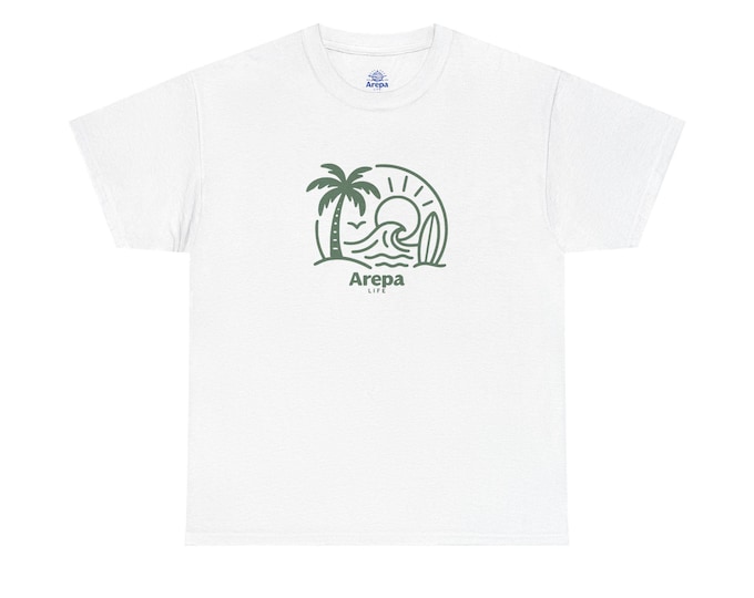 Tropical Surf Tee, Beachwear T-Shirt, Summer Vibes Shirt, Arepa Life, Gift for Surfers, Vacation Apparel, Arepa Design