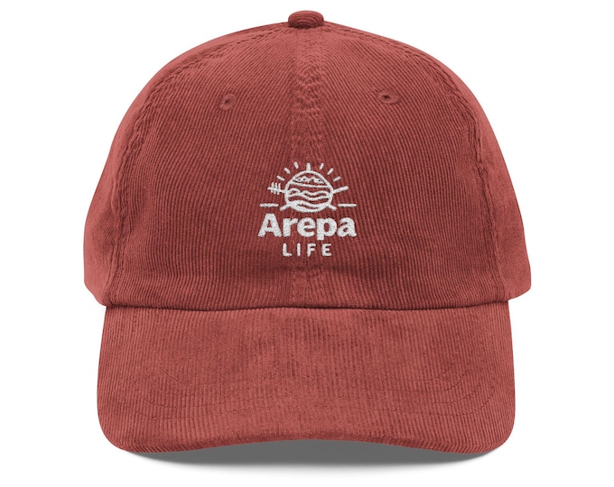 Burgundy Arepa Life Vintage Corduroy Cap - Embroidered Arepa Hat, Unisex Casual Wear, Boho Style.