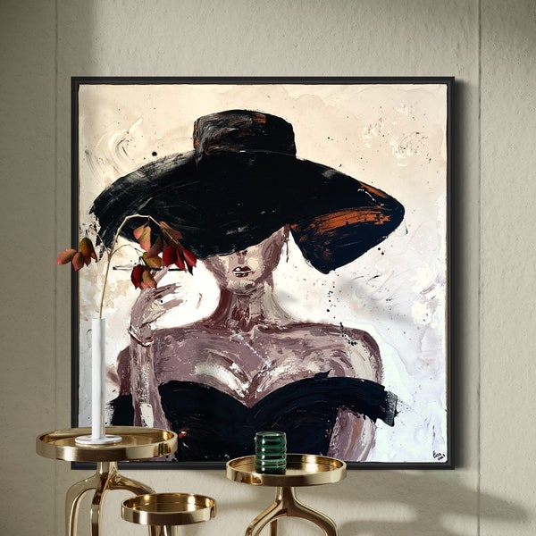 80 cm x 80 cm XL tableau grand tableau toile abstraite mélange acrylique "Hat & Smoke-Elegance in shadows"