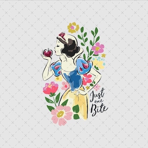 May include: A graphic illustration of a character with black hair and a red bow, wearing a blue and yellow dress, holding a red apple. The design includes colourful flowers and the text Just one Bite in a dark script font on a light background.