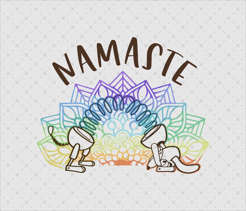 May include: A colorful mandala design with two robot figures bowing to each other. The text "Namaste" is written above the mandala.