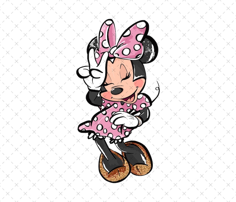May include: A cartoon illustration of Minnie Mouse wearing a pink polka dot dress and a pink polka dot bow. She is winking and holding up a peace sign with her right hand.