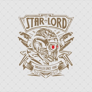 Könnte beinhalten: Eine braune und weiße Illustration von Star-Lord, einem Charakter aus dem Guardians of the Galaxy-Franchise. Die Illustration zeigt Star-Lords Helm und ein Textbanner mit der Aufschrift "SMUGGLER SINCE 1988".