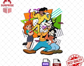May include: A colorful cartoon illustration featuring Goofy, Max, and a female character with red hair. The characters are standing in front of a geometric background with bright colors and patterns. The image has a retro 90s aesthetic.