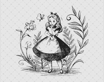 May include: A black and white line drawing of a young girl in a dress with a butterfly and flowers. The girl is looking to the side and has her hand on her chin. The drawing is on a white background with a subtle pattern.
