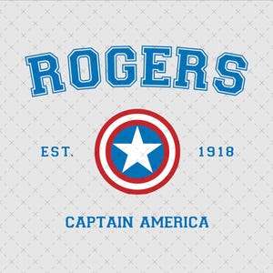 May include: A blue and white graphic with the text "ROGERS" in a large, bold font. Below the text is a red, white, and blue circle with a white star in the center. The text "EST. 1918" is below the circle. The text "CAPTAIN AMERICA" is below the date.