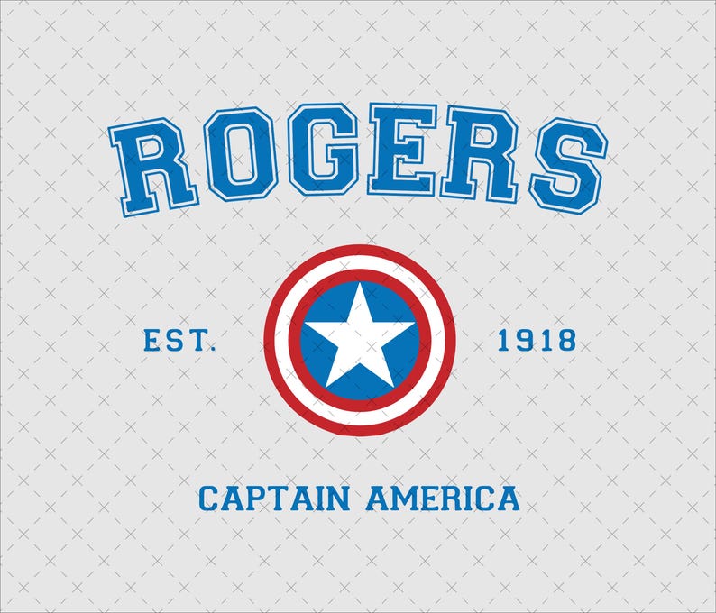 May include: A blue and white graphic with the text "ROGERS" in a large, bold font. Below the text is a red, white, and blue circle with a white star in the center. The text "EST. 1918" is below the circle. The text "CAPTAIN AMERICA" is below the date.