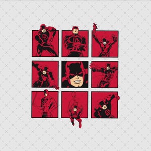 May include: A grid of nine red squares, each featuring a different action pose of a comic book superhero in a red and black costume. The superhero has a mask with horns. The background is a light gray with a repeating pattern.
