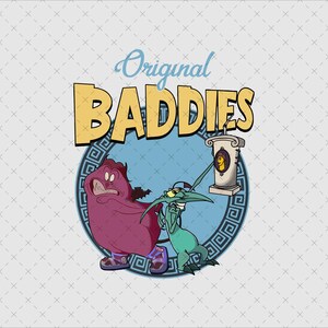 Puede incluir: Una ilustración de dibujos animados de dos personajes morado y verde con el texto "Original Baddies" en letras amarillas sobre un fondo azul.
