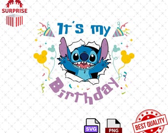 Stitch verjaardag SVG PNG, kinderfeest (digitaal bestand)