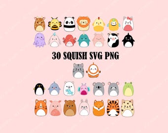 30 Squishmallow-dieren clipart, PNG SVG-bundel (digitale download)