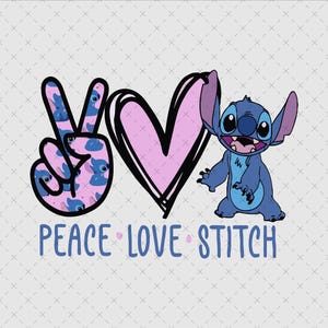 Peace Love Stitch Png, Uroczy projekt kreskówkowy, Kolorowy symbol pokoju, Clipart o tematyce miłosnej, Sublimacja inspirowana ściegiem, Pobieranie cyfrowe