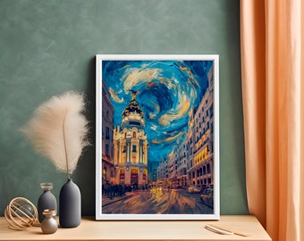 Atemberaubendes Madrid Gemälde von Van Gogh - Hochwertiger Digitaler Kunstdruck | Spanische Stadtlandschaft Wanddekor | Einzigartige Wohndekoration