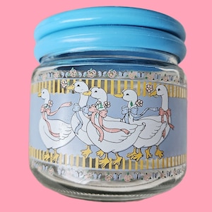 Vintage Canister With Geese And Ribbons, Glass Geese Canister 1980s/90s, Geese And Ribbons Glass Canister, Blue Coloured Geese Container