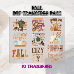 May include: A collection of ten fall-themed DTF transfers featuring various pumpkin illustrations, checkered patterns, and seasonal text including Fall Vibes, Pumpkin Patch, and Pumpkin Spice. The designs are displayed on a sheet with orange, green, and brown tones.