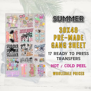 May include: A 30x48 inch pre-made gang sheet featuring 17 ready-to-press summer-themed transfers. Designs include tropical graphics, text like "Beach Vibes," and "Summer." The sheet is designed for hot or cold peel applications.