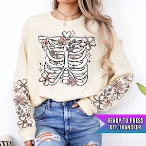 Skeleton DTF Transfer, Floral Ribcage DTF Transfer Ready For Press, Skull DTF Print, Heat Press Transfer, Skeleton Dtf Prints, Halloween Dtf