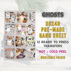 May include: A rectangular transfer sheet featuring 12 distinct Halloween-themed ghost illustrations. The designs include ghosts with pumpkins, hats, coffee, and floral accents, alongside text like "Spooky Season" and "Ghosts." The sheet is labeled 30x48.