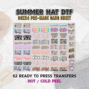 May include: A sheet of 62 ready-to-press transfers for summer hats. The sheet includes various colorful designs with text like "Summer," "Beach," and "Lake," along with other summer-themed graphics. The sheet measures 30x24 inches.