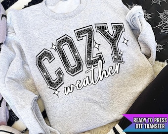 May include: Gray sweatshirt with black text that reads "Cozy weather" in a spiderweb-like font. The text is outlined in white. The sweatshirt is ready to press with a DTF transfer.