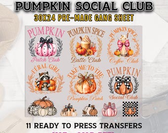 Pumpkin Gang Sheet, Fall DTF Transfers, Autumn DTF Transfer Ready For Press, Pumpkin Social Club Premade Gang Sheet, Heat Transfer, Dtf