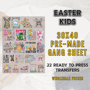 May include: A pre-made gang sheet of 22 iron-on transfers for Easter-themed apparel. The sheet is 30 inches by 40 inches and features a variety of designs including bunnies, chicks, and Easter eggs. The designs are in a variety of colors, including pink, blue, yellow, and green.