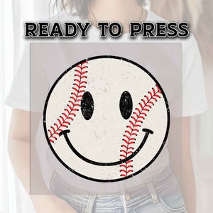 Baseball DTF Transfer Ready For Press, Dtf Heat Transfer, Baseball DTF Transfers, Heat Press Transfer, Ready For Press, Baseball Happy Face