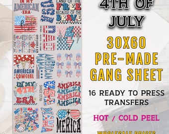 Könnte beinhalten: Ein vorgefertigtes Transferbogen von 76x152 cm mit 16 bügelfähigen Transfers. Das Bogen zeigt patriotische Designs mit Texten wie "4th of July" und "America", sowie Sterne und Streifen.