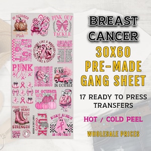 Breast Cancer Gang Sheet, Breast Cancer DTF Transfer, Breast Cancer Awareness DTF Transfer Ready For Press, Premade Gang Sheet, Pink October