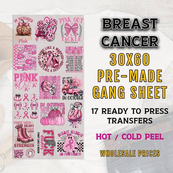 Breast Cancer Gang Sheet, Breast Cancer DTF Transfer, Breast Cancer Awareness DTF Transfer Ready For Press, Premade Gang Sheet, Pink October