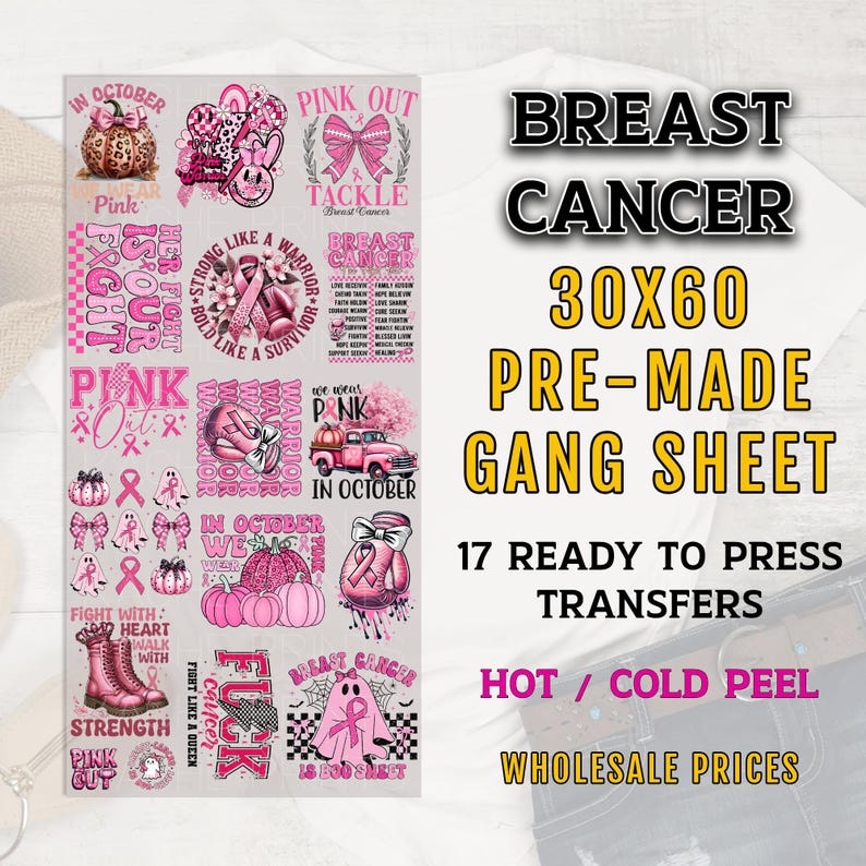 Breast Cancer Gang Sheet, Breast Cancer DTF Transfer, Breast Cancer Awareness DTF Transfer Ready For Press, Premade Gang Sheet, Pink October