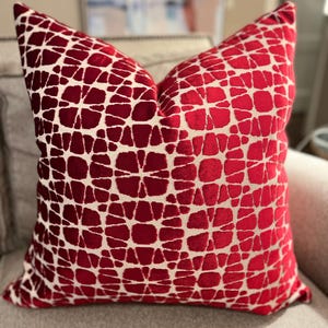 Cherry Red Cut Velvet Pillow Cover Geometric Pattern Pillow Red and Ivory Modern Designer Cushion Geometric Flower Designer Pillow Cover