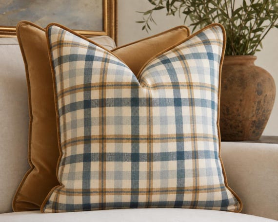 Blue and Camel Tartan Plaid Pillow Cover with Camel Velvet Cording, Denim Blue Ivory Tartan Wool Pillow, English Country Decor